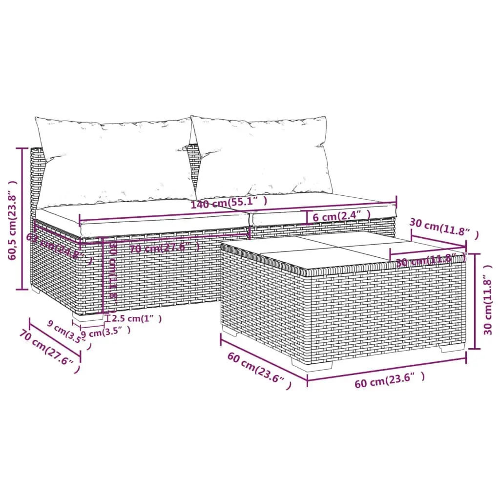 3 Piece Garden Lounge Set with Cushions Poly Rattan Black 3101399