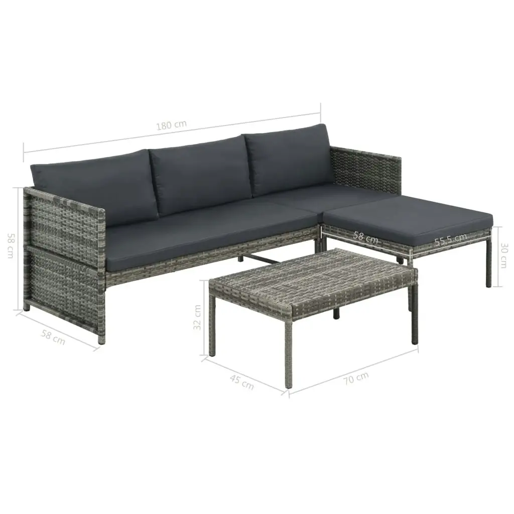 3 Piece Garden Lounge Set with Cushions Poly Rattan Grey 44480