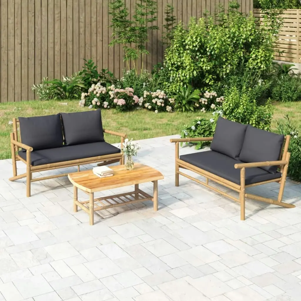 3 Piece Garden Lounge Set with Dark Grey Cushions Bamboo 3156472