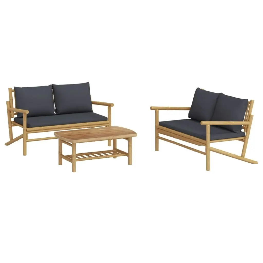 3 Piece Garden Lounge Set with Dark Grey Cushions Bamboo 3156472