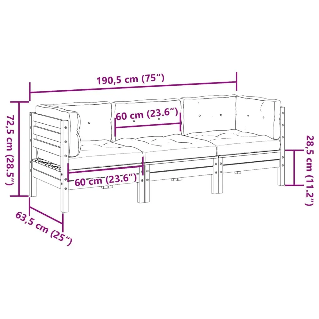 3 Piece Garden Sofa Set with Cushions Impregnated Wood Pine 3299274