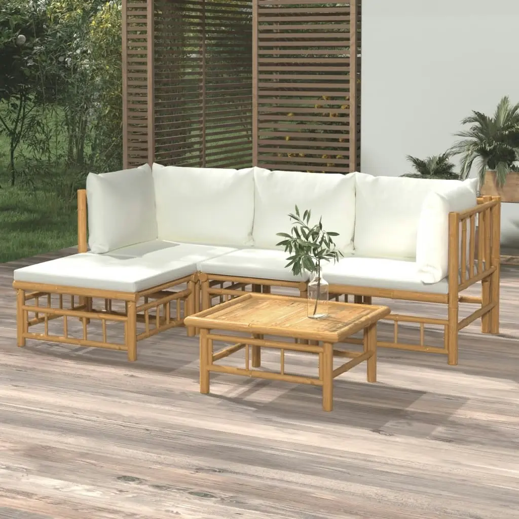 5 Piece Garden Lounge Set with Cream White Cushions  Bamboo 3155178