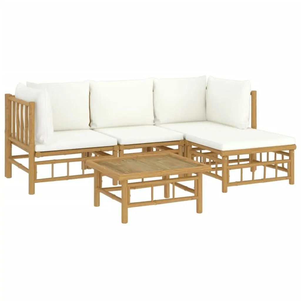 5 Piece Garden Lounge Set with Cream White Cushions  Bamboo 3155178