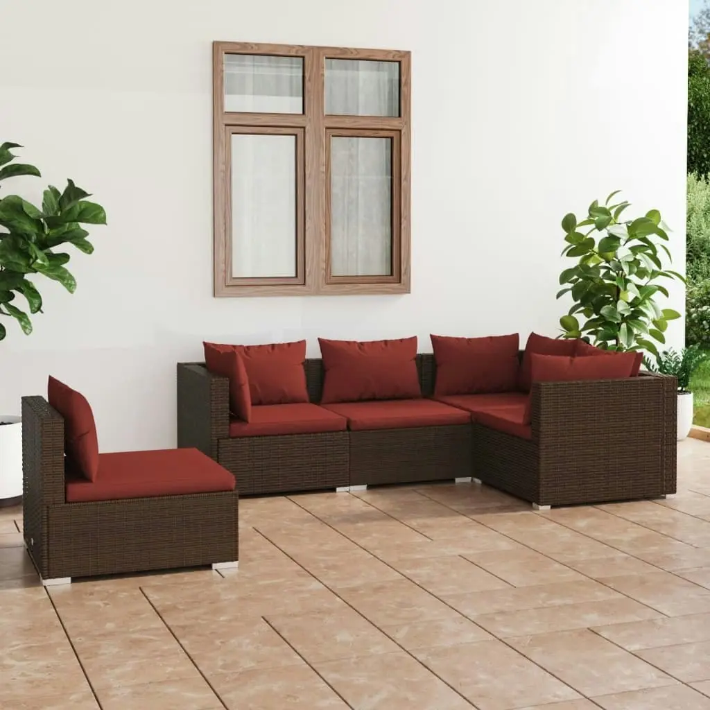 5 Piece Garden Lounge Set with Cushions Poly Rattan Brown 3102315