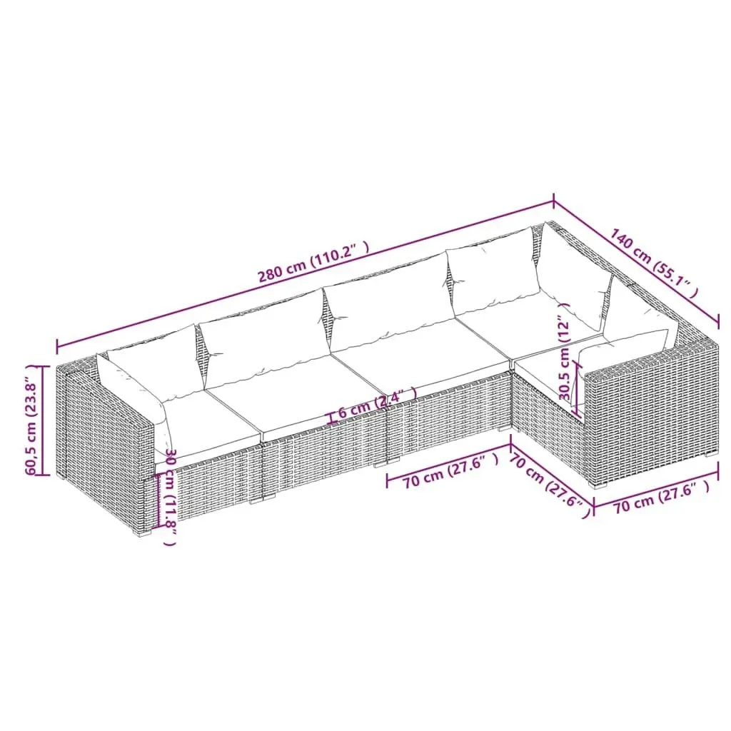 5 Piece Garden Lounge Set with Cushions Poly Rattan Brown 3101691