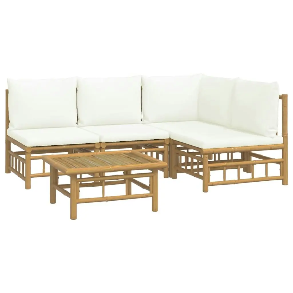 5 Piece Garden Lounge Set with Cream White Cushions  Bamboo 3155202