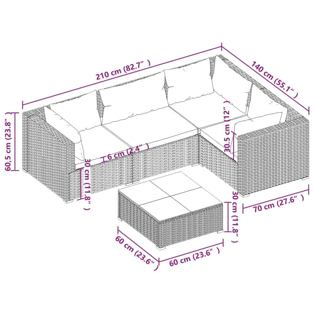 5 Piece Garden Lounge Set with Cushions Poly Rattan Grey 3101685