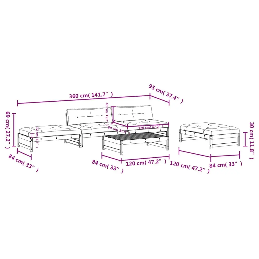 5 Piece Garden Lounge Set with Cushions Black Solid Wood 3186120