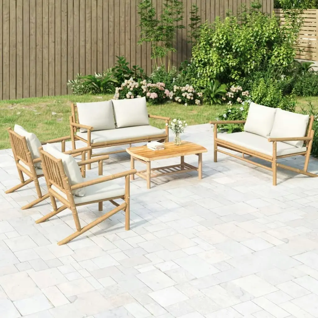 5 Piece Garden Lounge Set with Cream White Cushions Bamboo 3156475