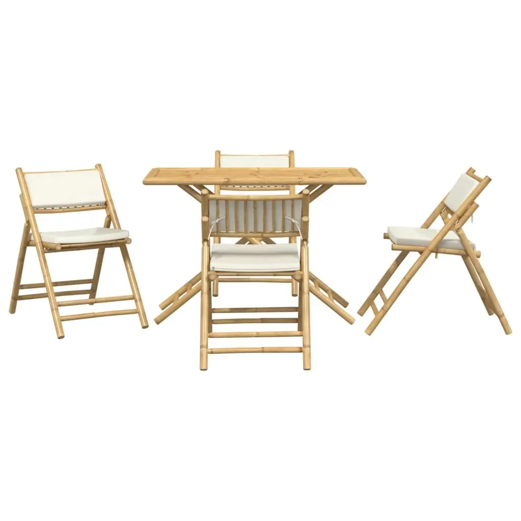 5 Piece Folding Bistro Set with Cream White Cushions Bamboo 3208935