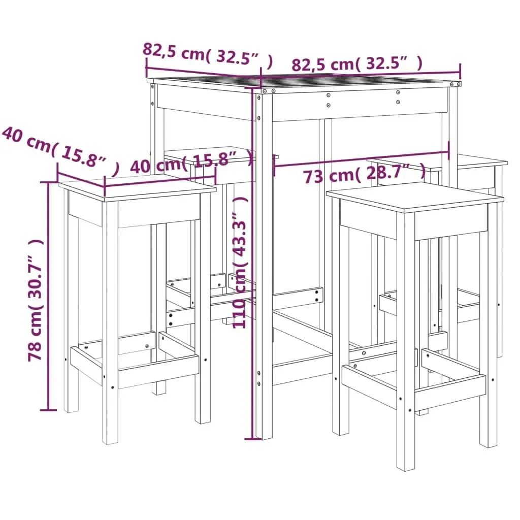 5 Piece Garden Bar Set Black Solid Wood Pine 3154734