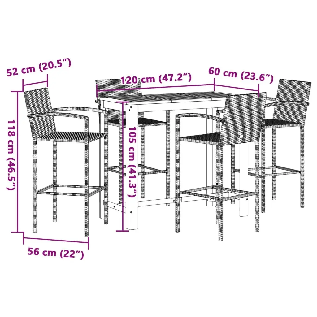 5 Piece Garden Bar Set Brown Solid Wood Acacia and Poly Rattan 3295288