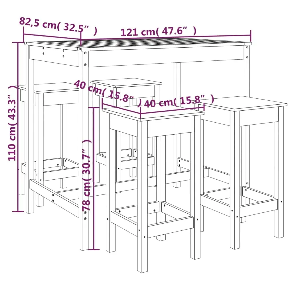 5 Piece Garden Bar Set Black Solid Wood Pine 3154749