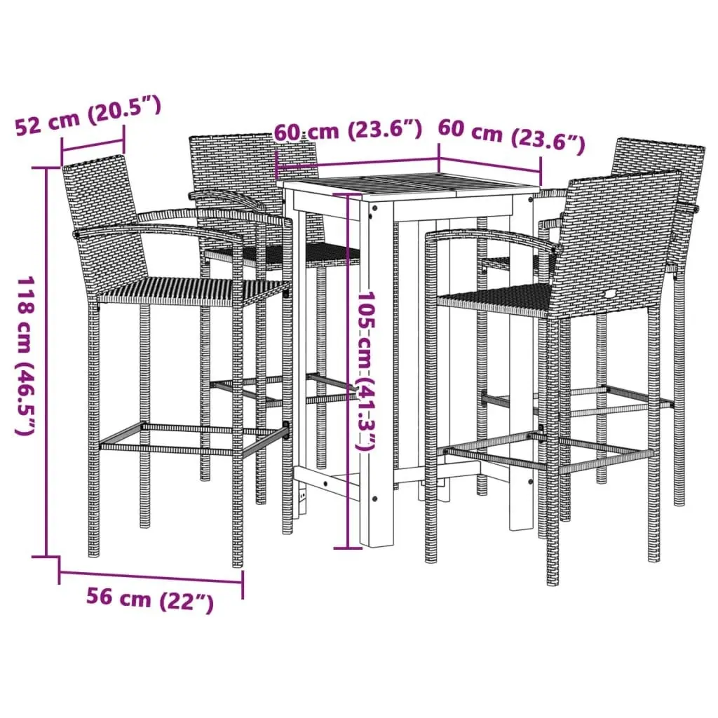 5 Piece Garden Bar Set Brown Solid Wood Acacia and Poly Rattan 3295275