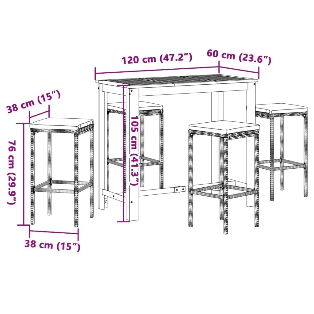 5 Piece Garden Bar Set Brown Solid Wood Acacia and Poly Rattan 3295282