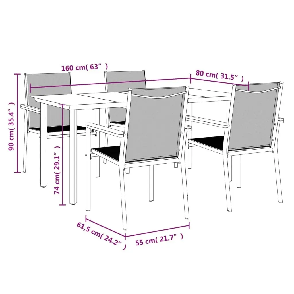 5 Piece Garden Dining Set Black Textilene and Steel 3187045