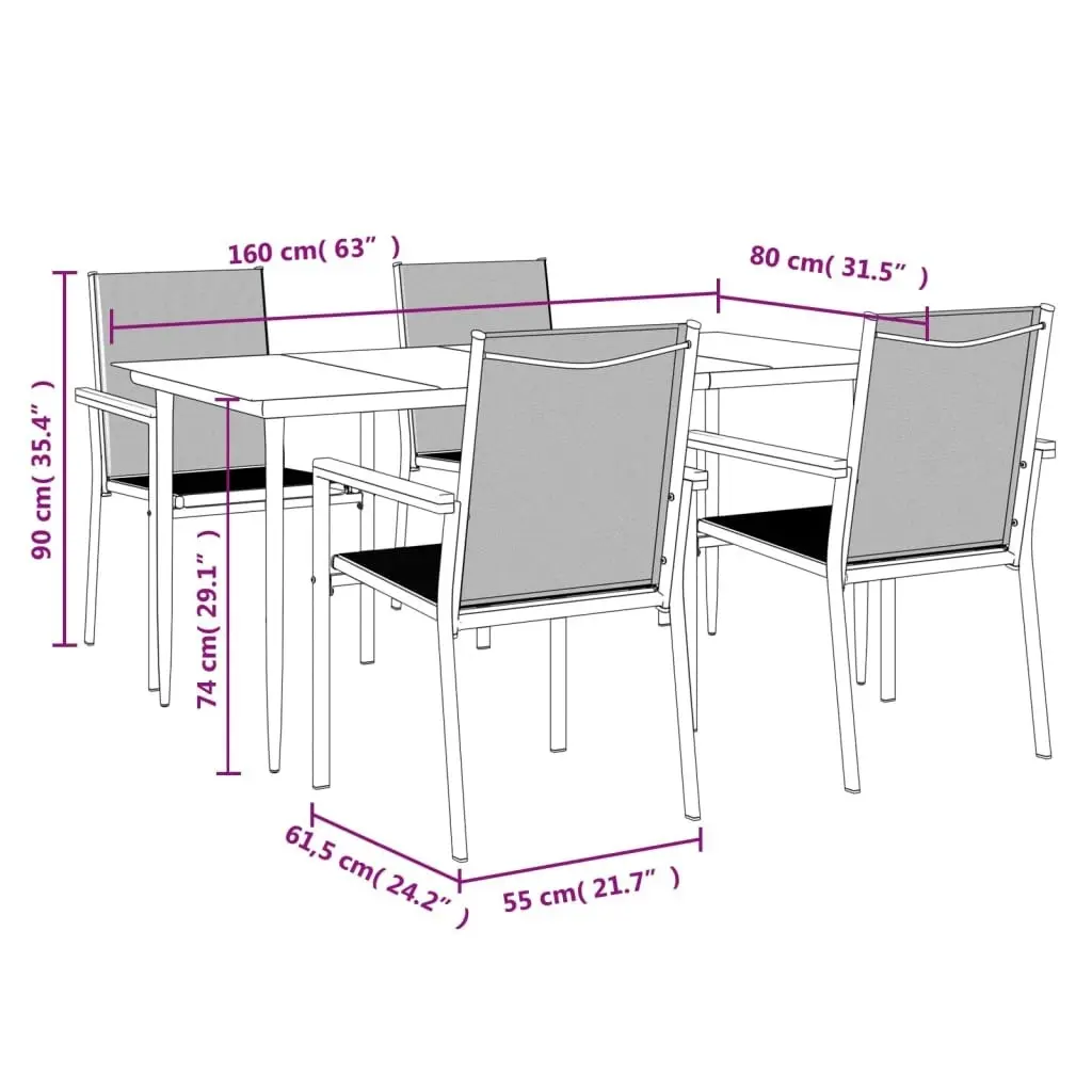 5 Piece Garden Dining Set Black Textilene and Steel 3187037