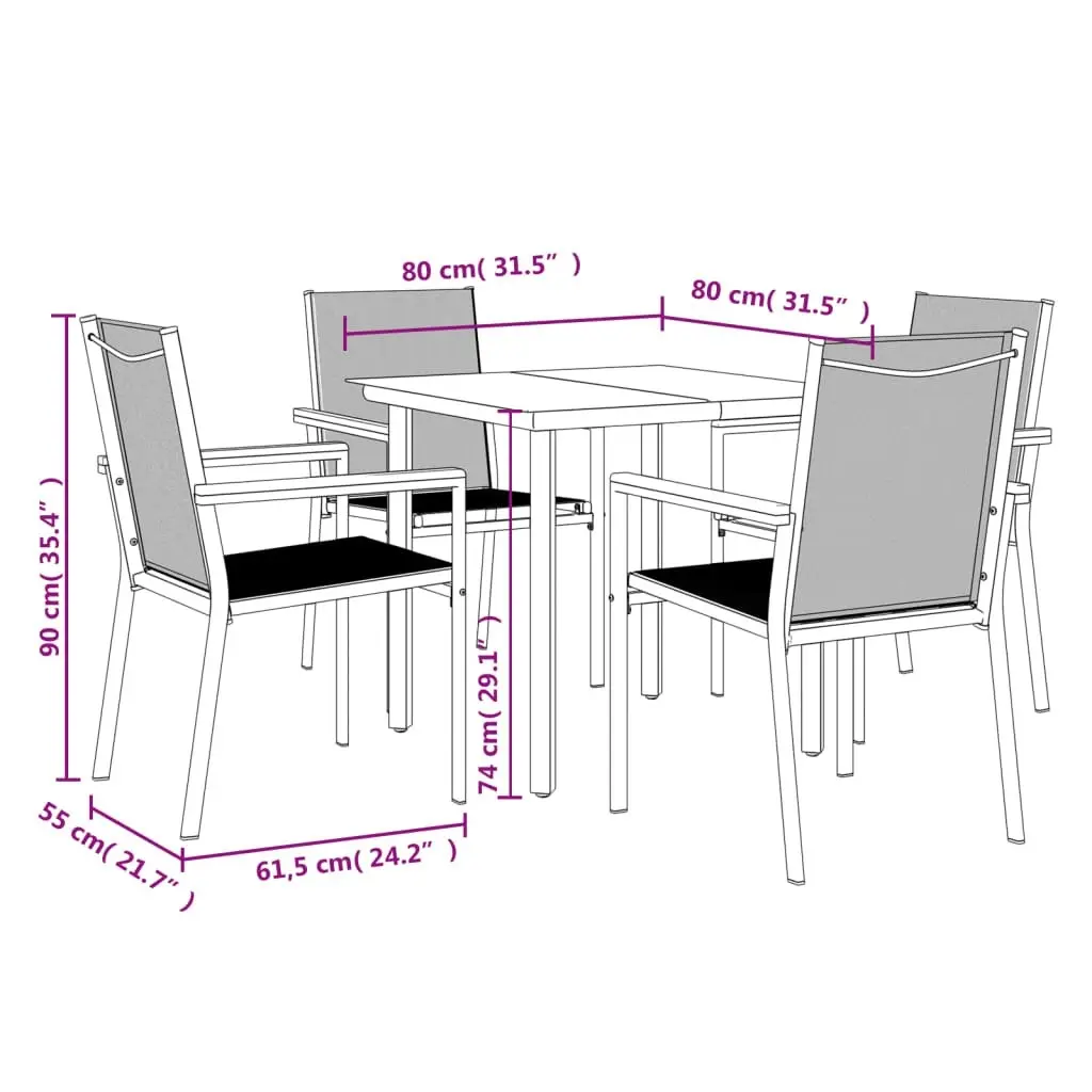 5 Piece Garden Dining Set Black Textilene and Steel 3187042