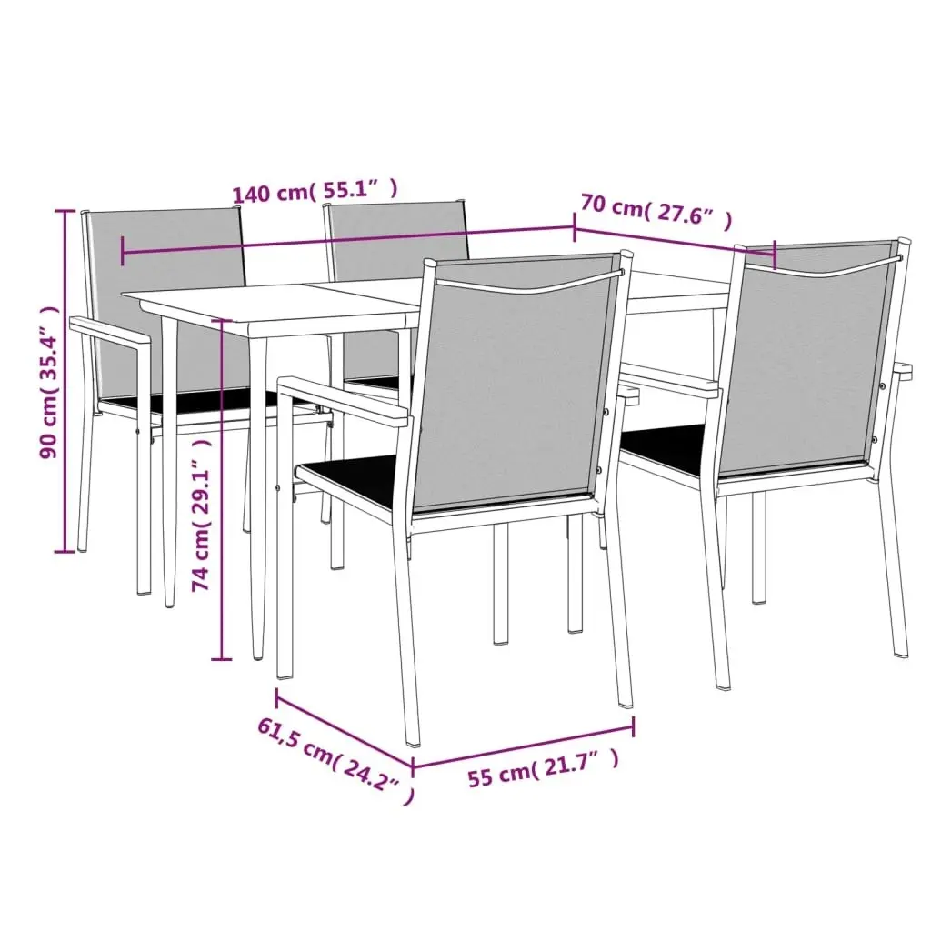 5 Piece Garden Dining Set Black Textilene and Steel 3187035