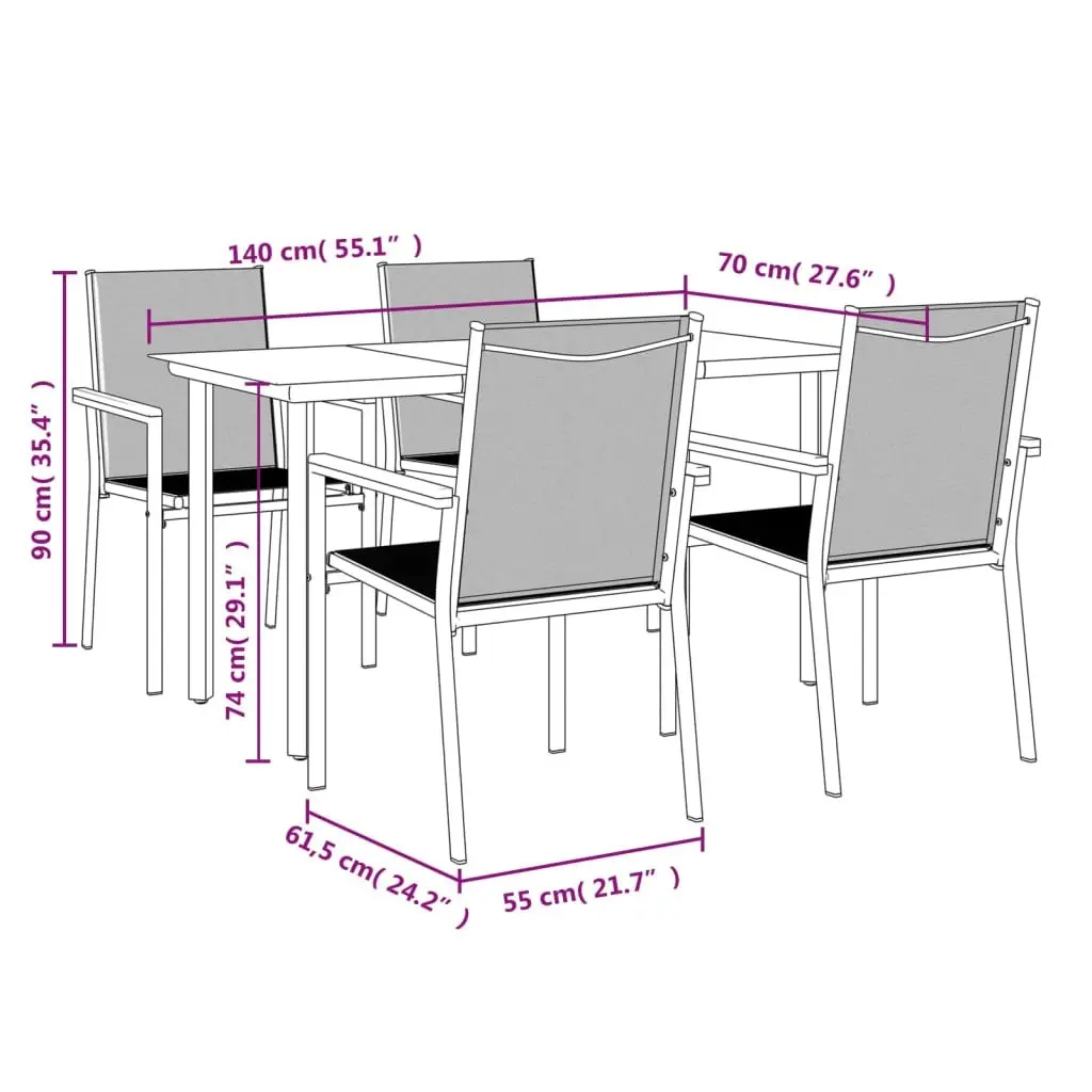 5 Piece Garden Dining Set Black Textilene and Steel 3187043