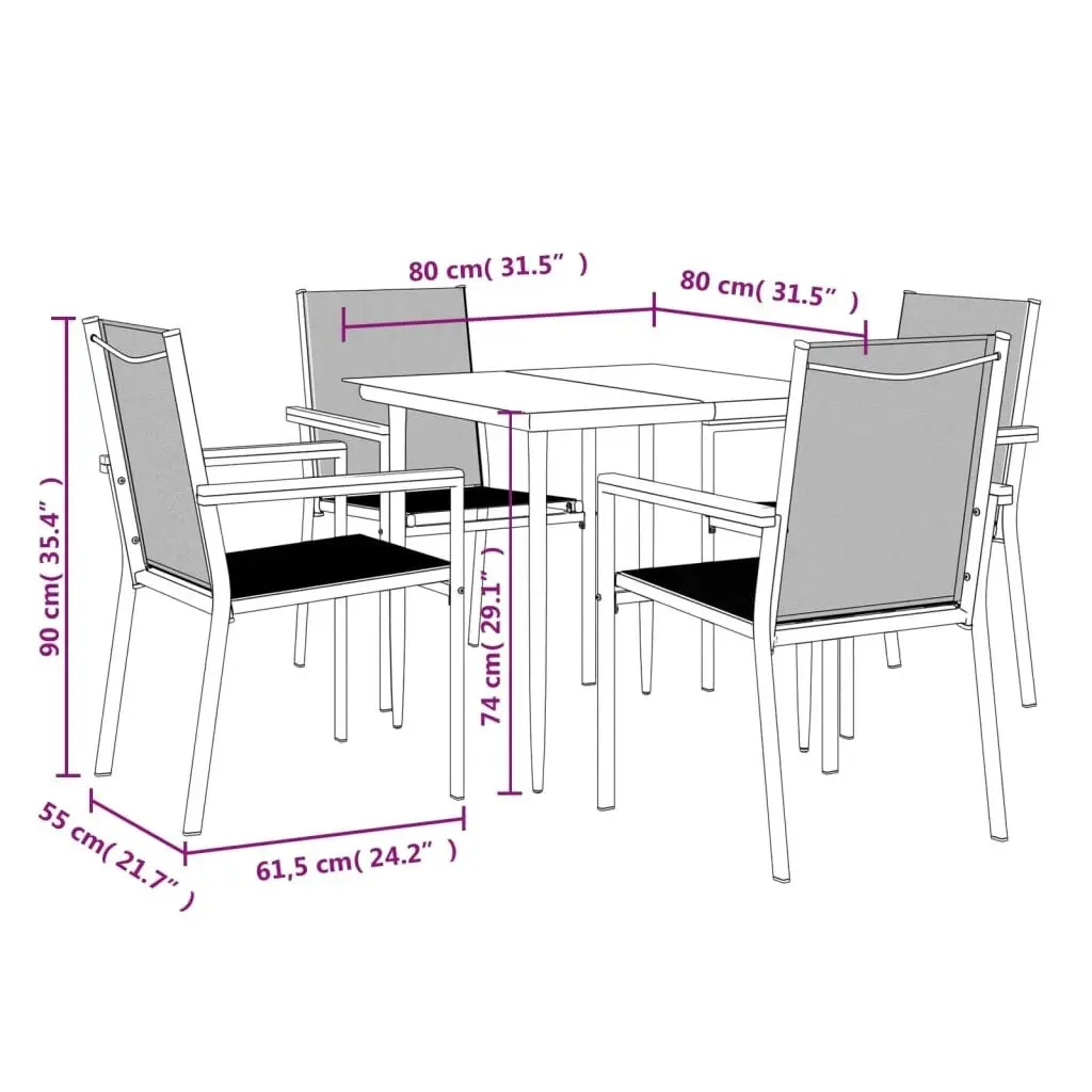 5 Piece Garden Dining Set Black Textilene and Steel 3187034