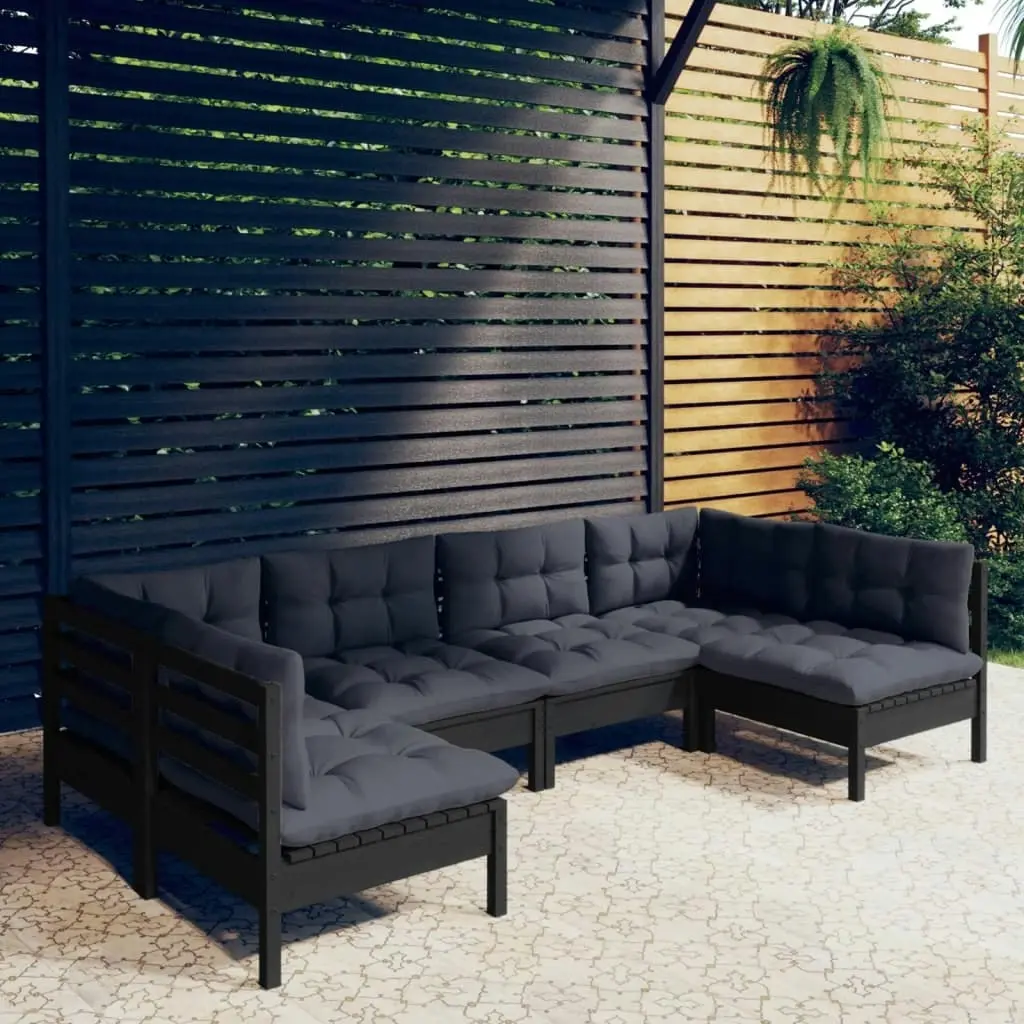 6 Piece Garden Lounge Set with Cushions Black Solid Pinewood 3097155