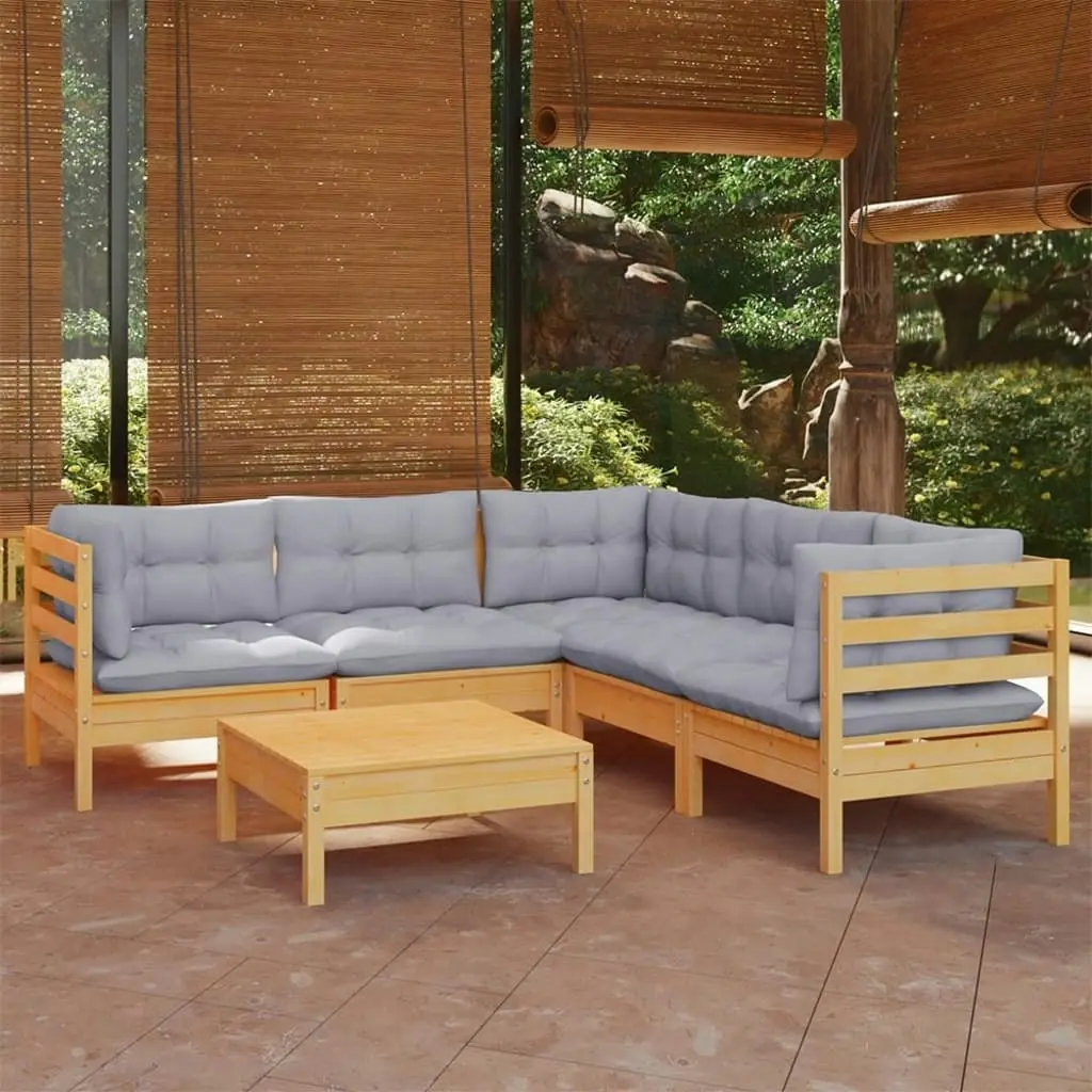 6 Piece Garden Lounge Set with Grey Cushions Solid Pinewood 3096676