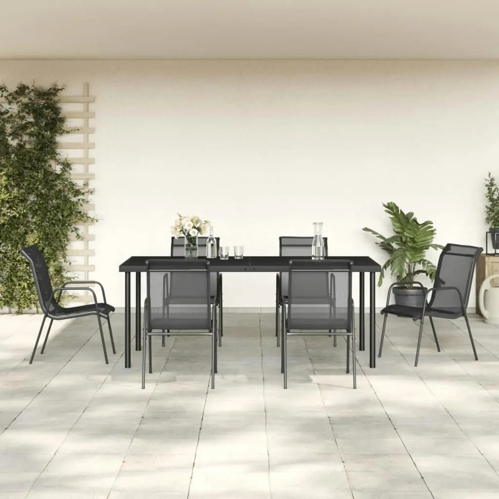 7 Piece Garden Dining Set Black Steel and Textilene 3200680