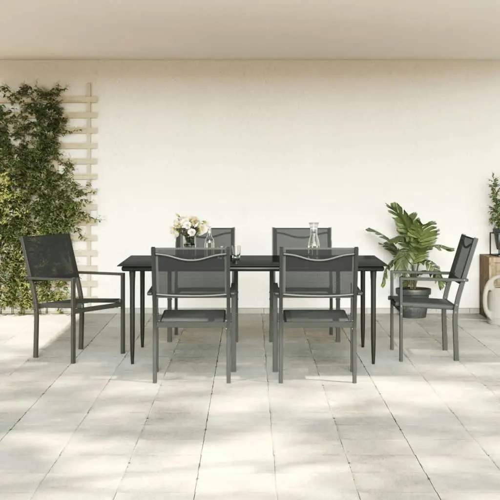 7 Piece Garden Dining Set Black Steel and Textilene 3200724