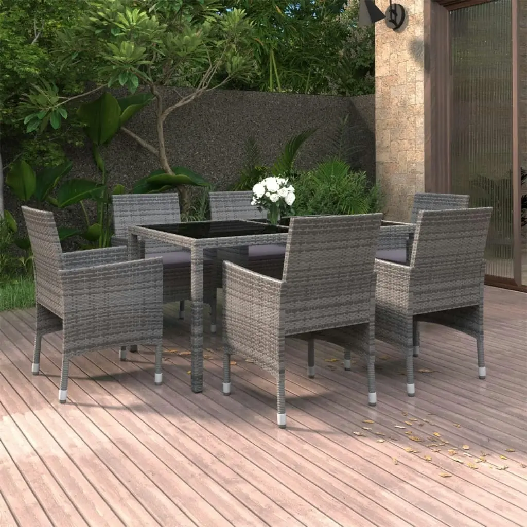 7 Piece Garden Dining Set Poly Rattan and Tempered Glass Grey 3058429