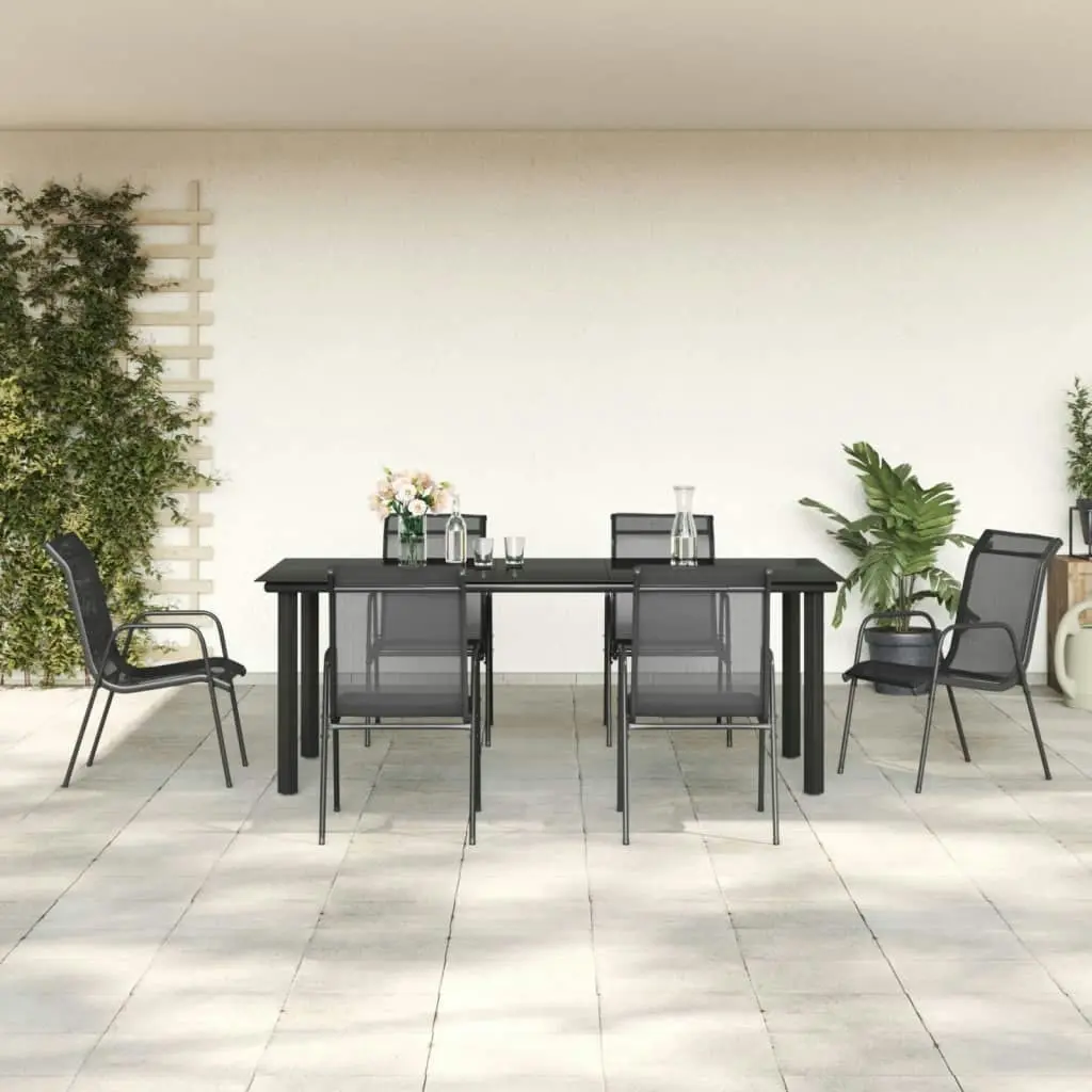 7 Piece Garden Dining Set Black Steel and Textilene 3200696