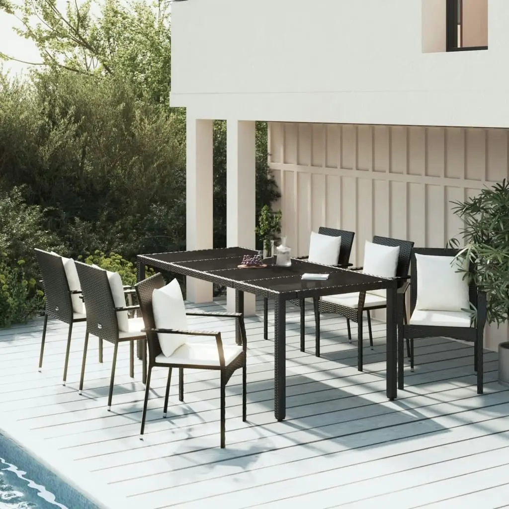 7 Piece Garden Dining Set with Cushions Black Poly Rattan 3157955