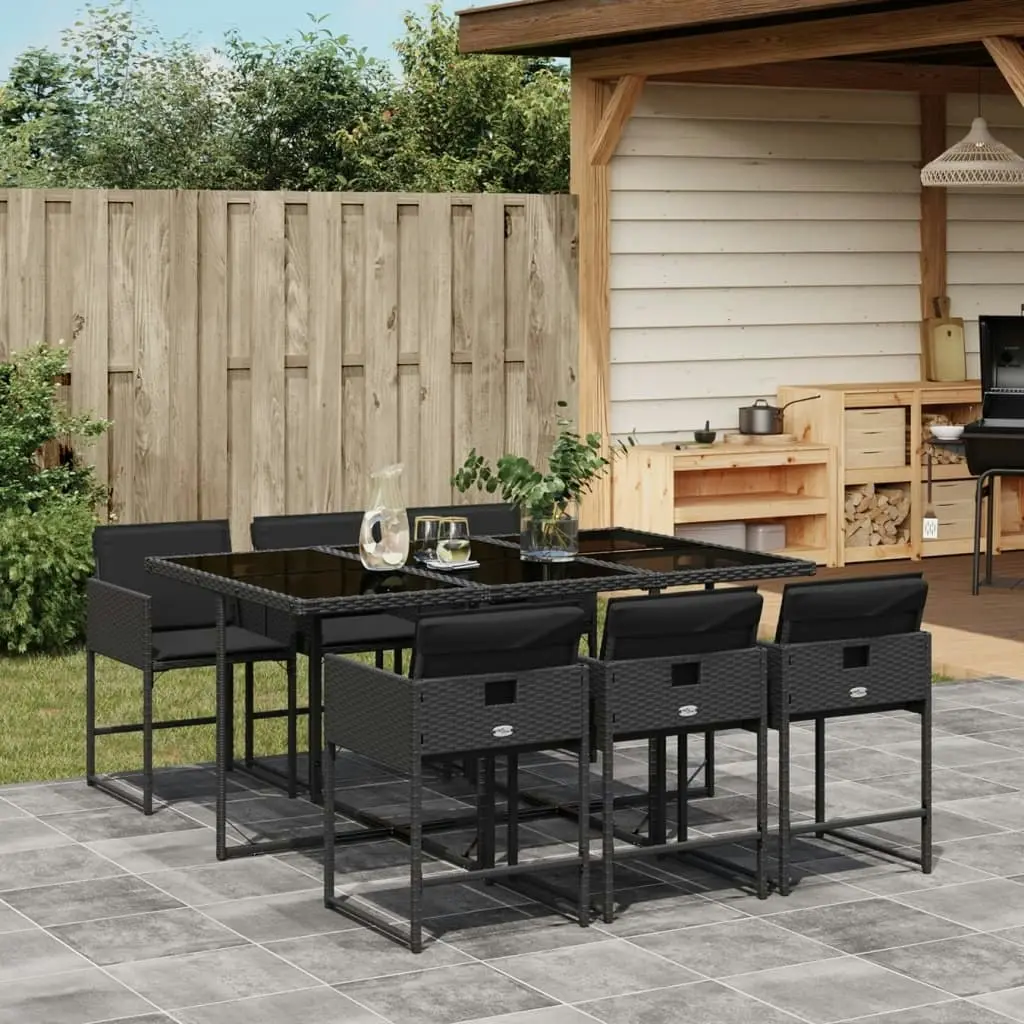 7 Piece Garden Dining Set with Cushions Black Poly Rattan 3211267