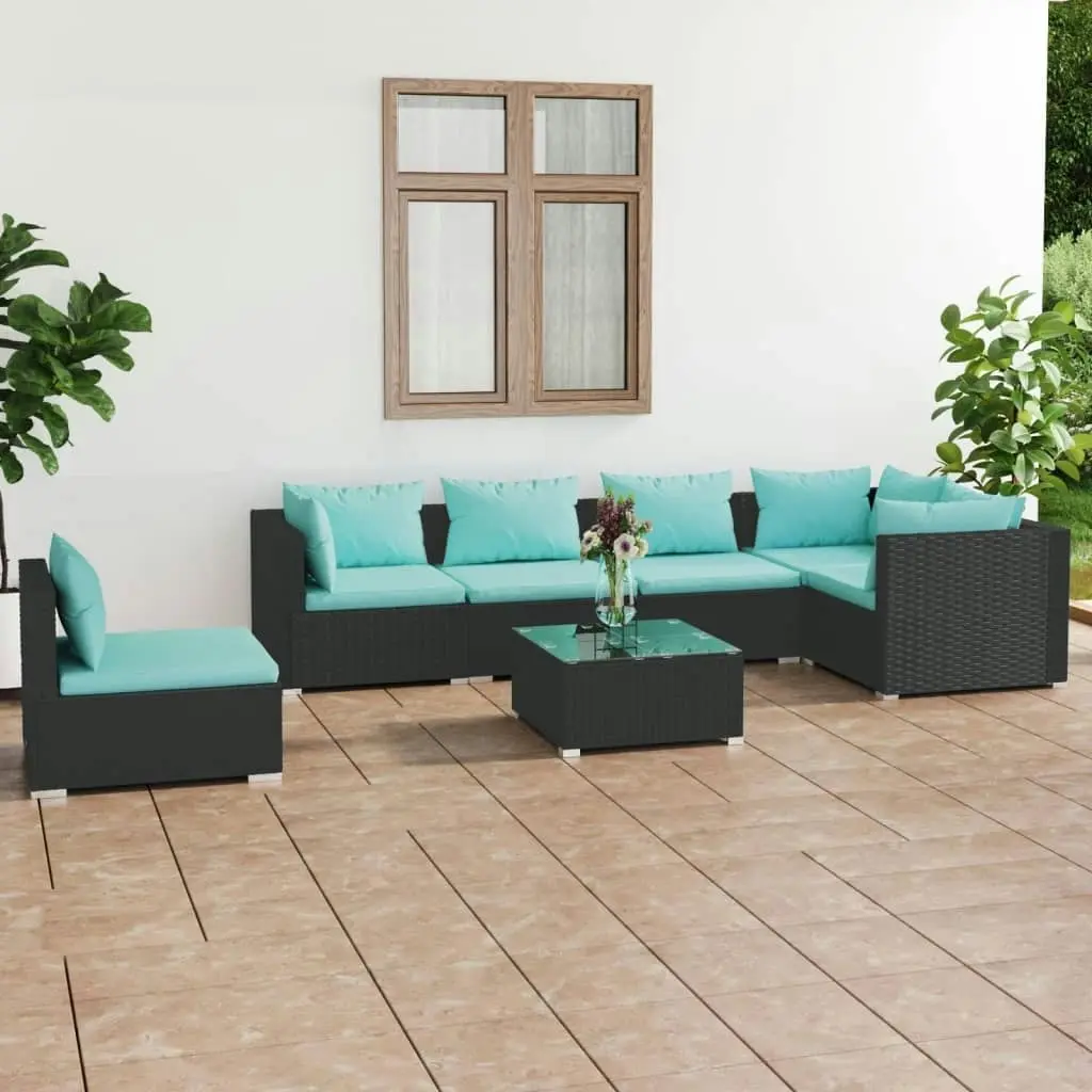 7 Piece Garden Lounge Set with Cushions Poly Rattan Black 3102329