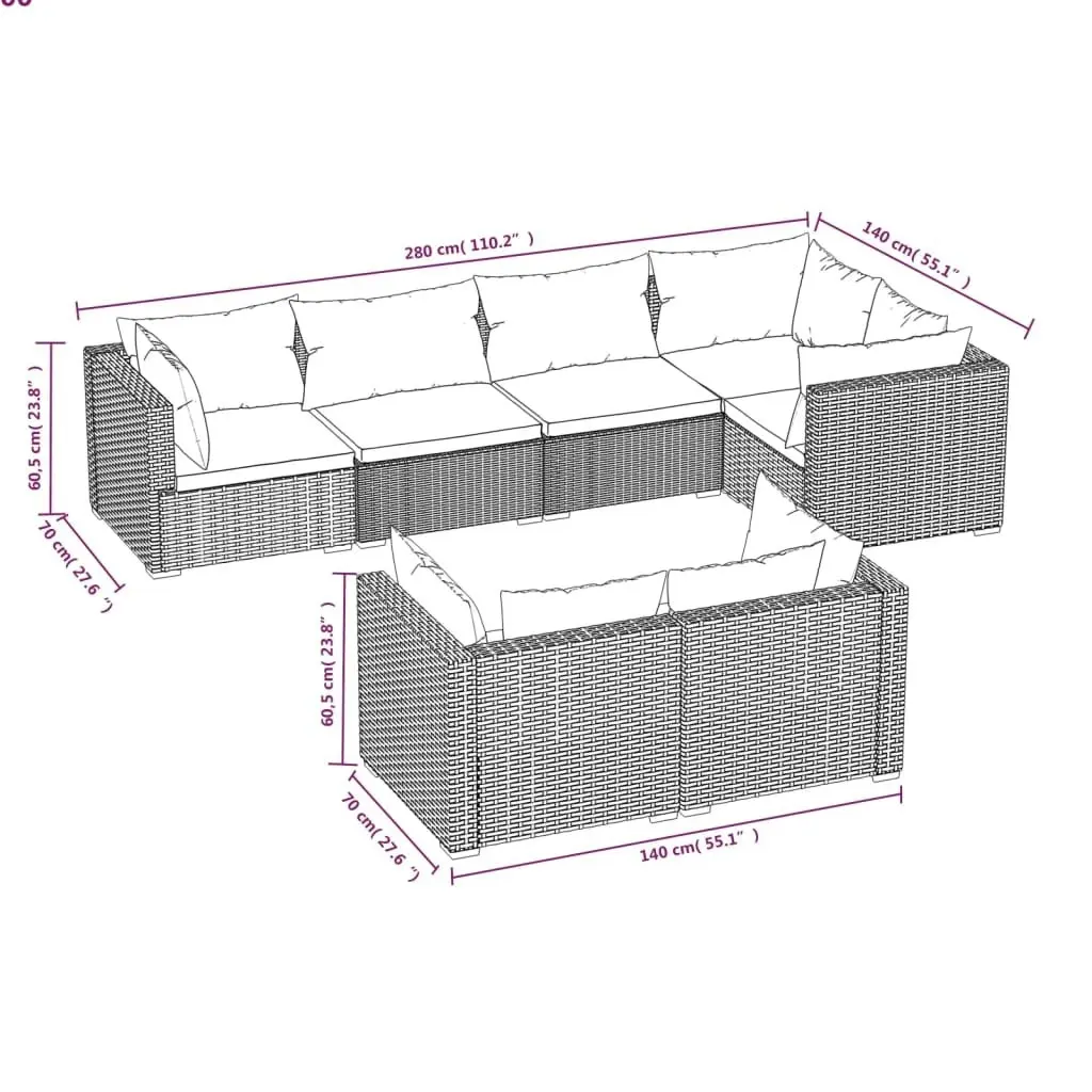 7 Piece Garden Lounge Set with Cushions Black Poly Rattan 3102472