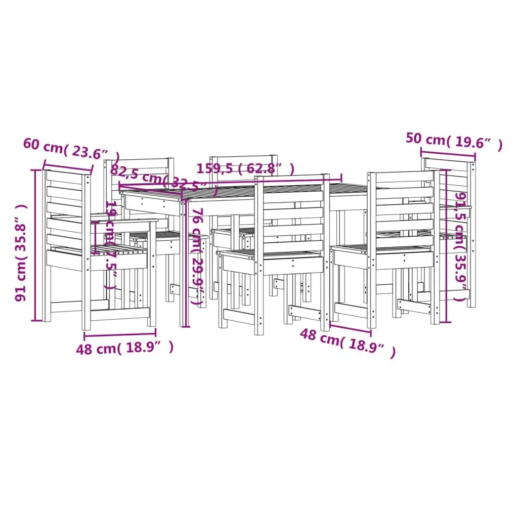 7 Piece Garden Dining Set White Solid Wood Pine 3154708