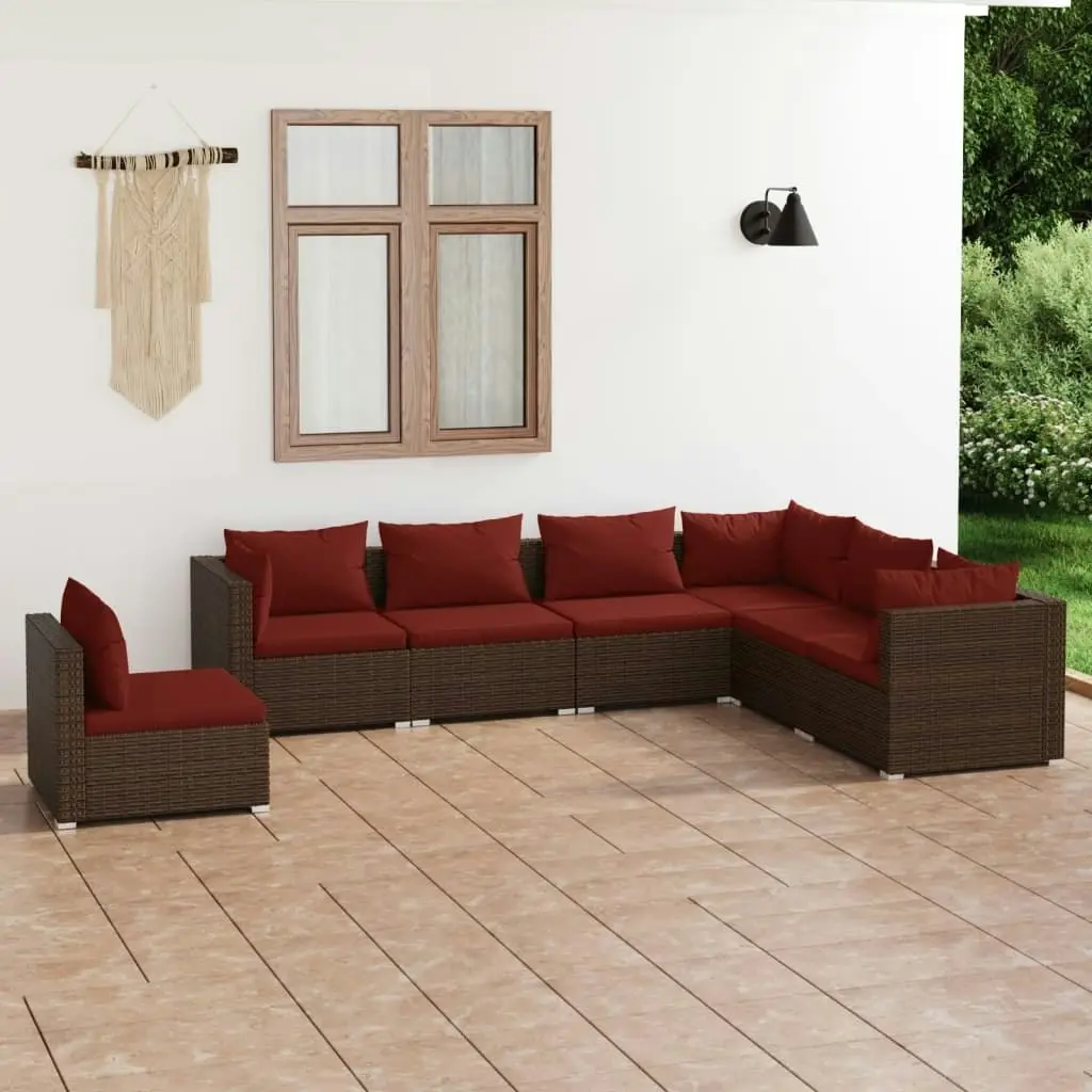 7 Piece Garden Lounge Set with Cushions Poly Rattan Brown 3102355