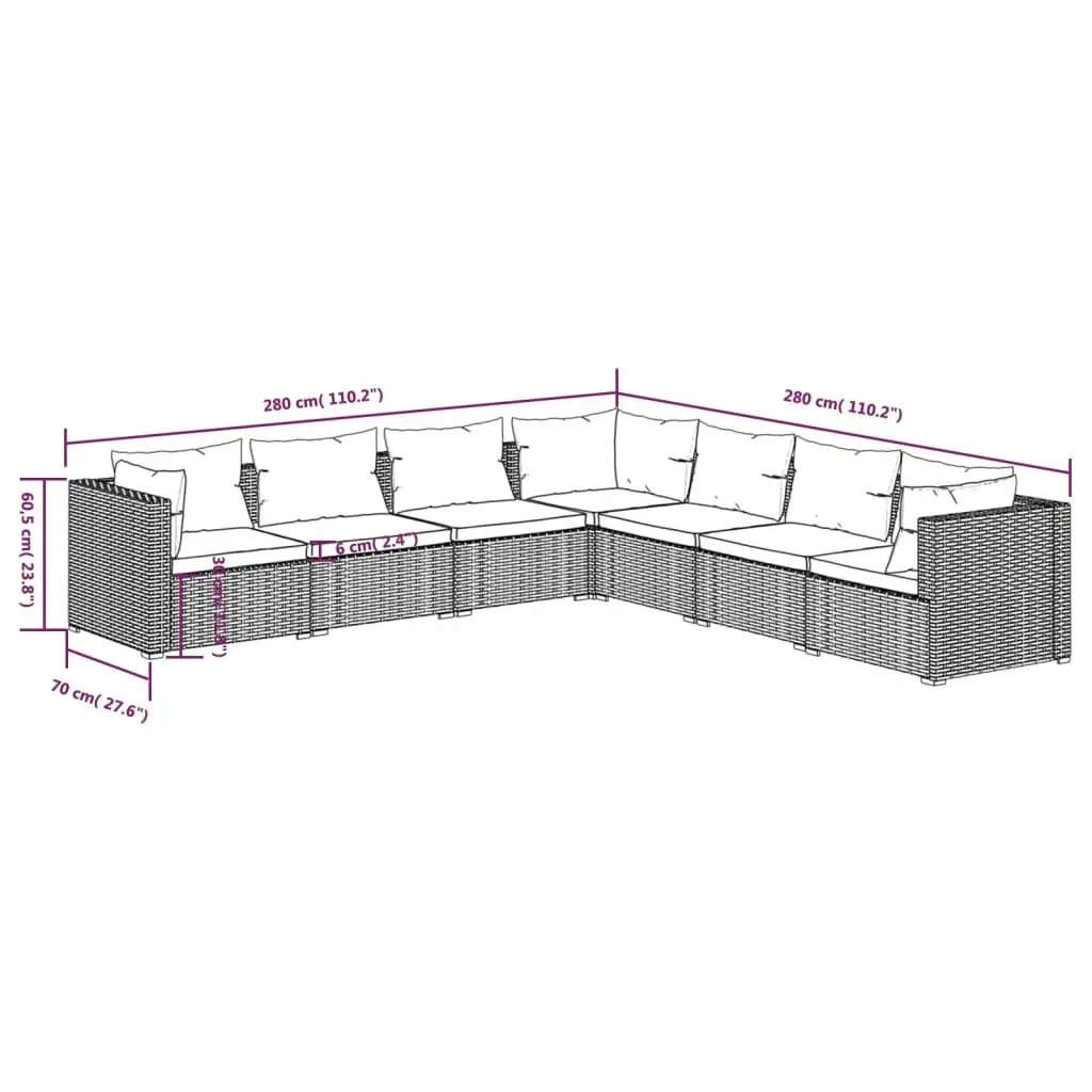 7 Piece Garden Lounge Set with Cushions Poly Rattan Grey 3101749