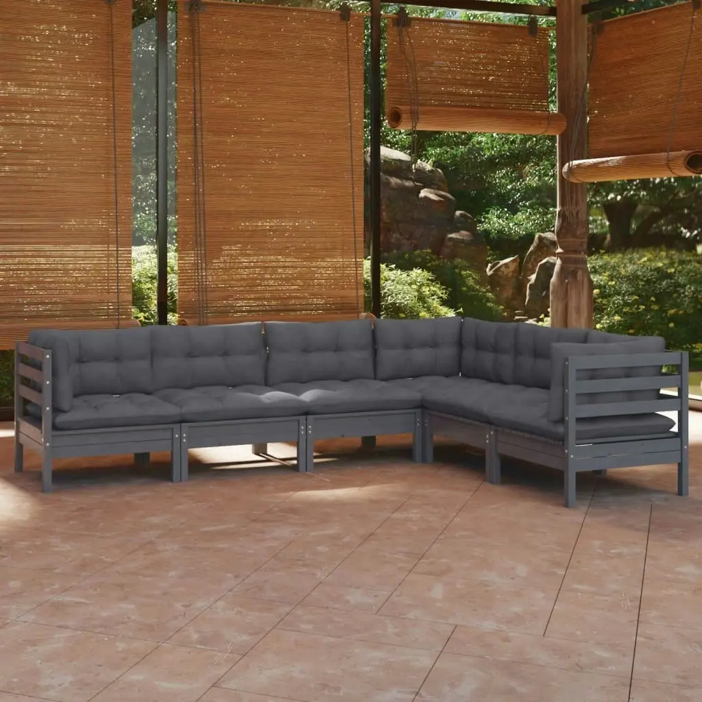 6 Piece Garden Lounge Set with Cushions Grey Solid Pinewood 3096685