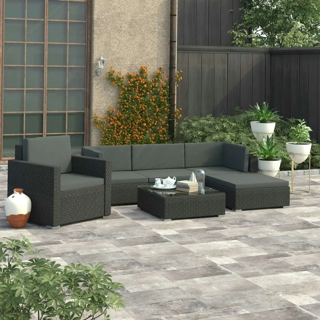 6 Piece Garden Lounge Set with Cushions Poly Rattan Black 46754