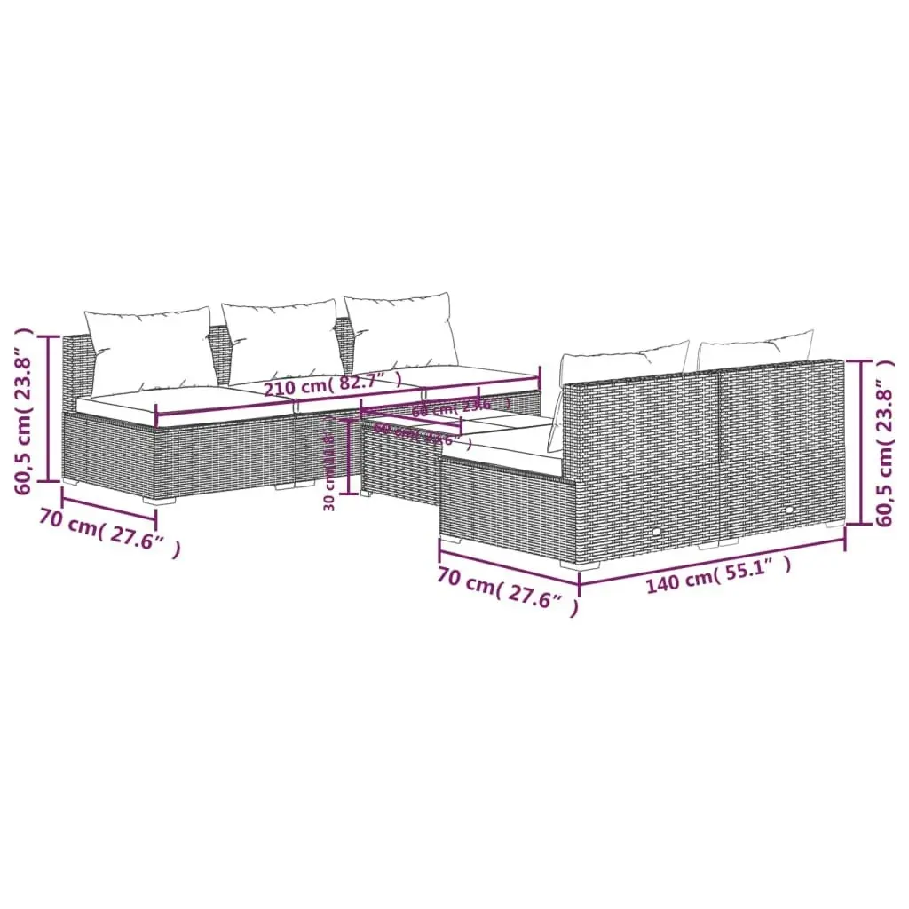 6 Piece Garden Lounge Set with Cushions Poly Rattan Grey 3101453