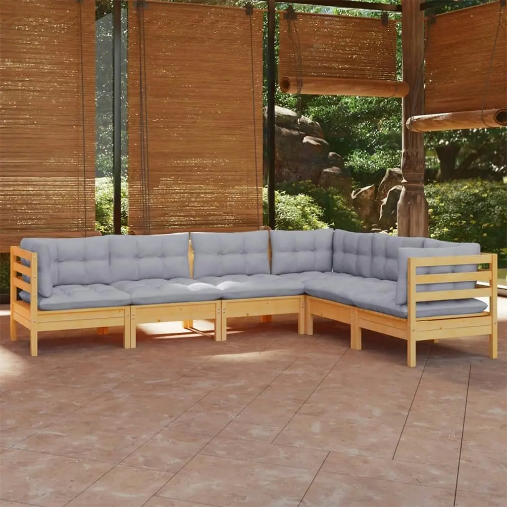 6 Piece Garden Lounge Set with Grey Cushions Solid Pinewood 3096682