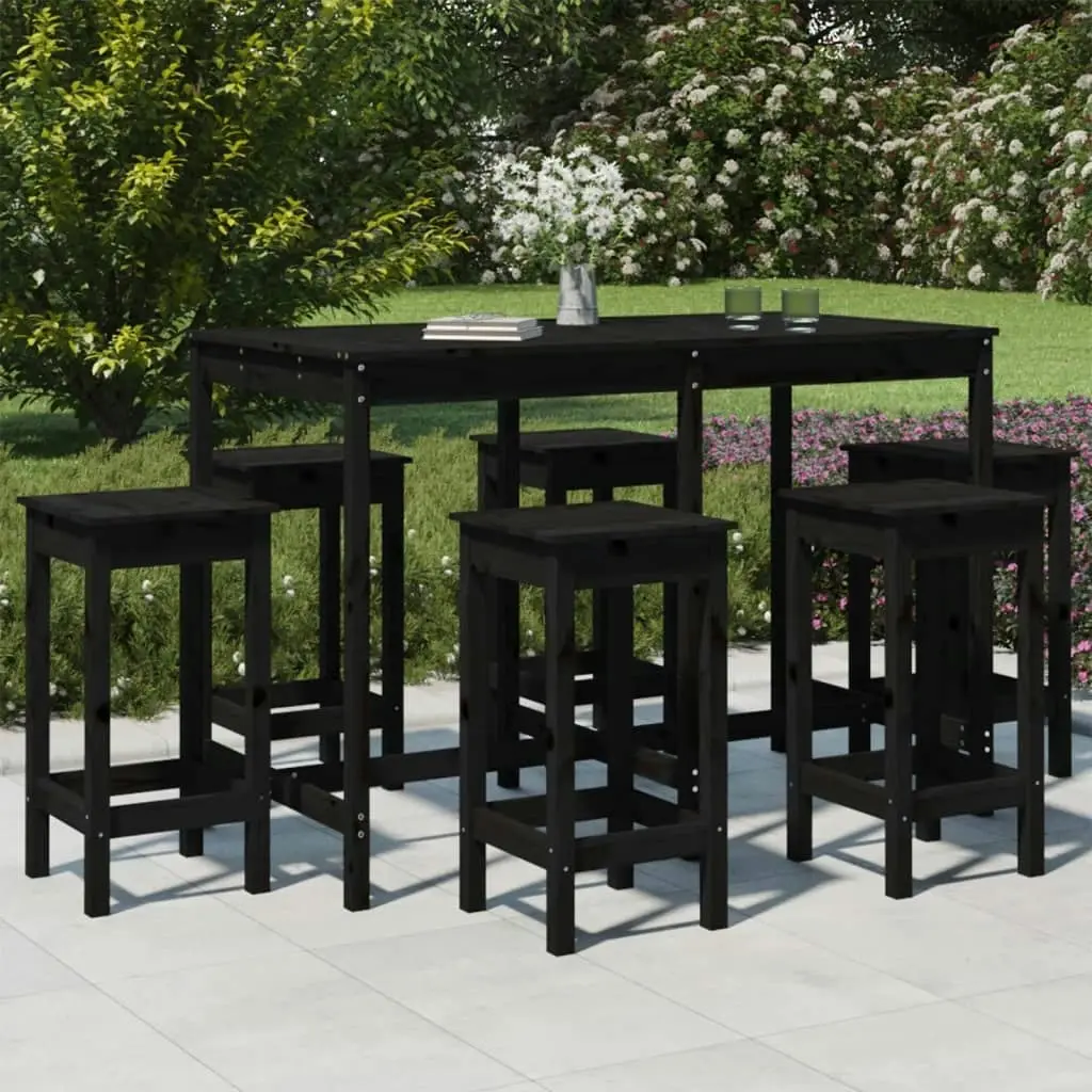 7 Piece Garden Bar Set Black Solid Wood Pine 3154759