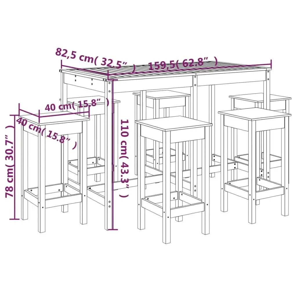 7 Piece Garden Bar Set Black Solid Wood Pine 3154759