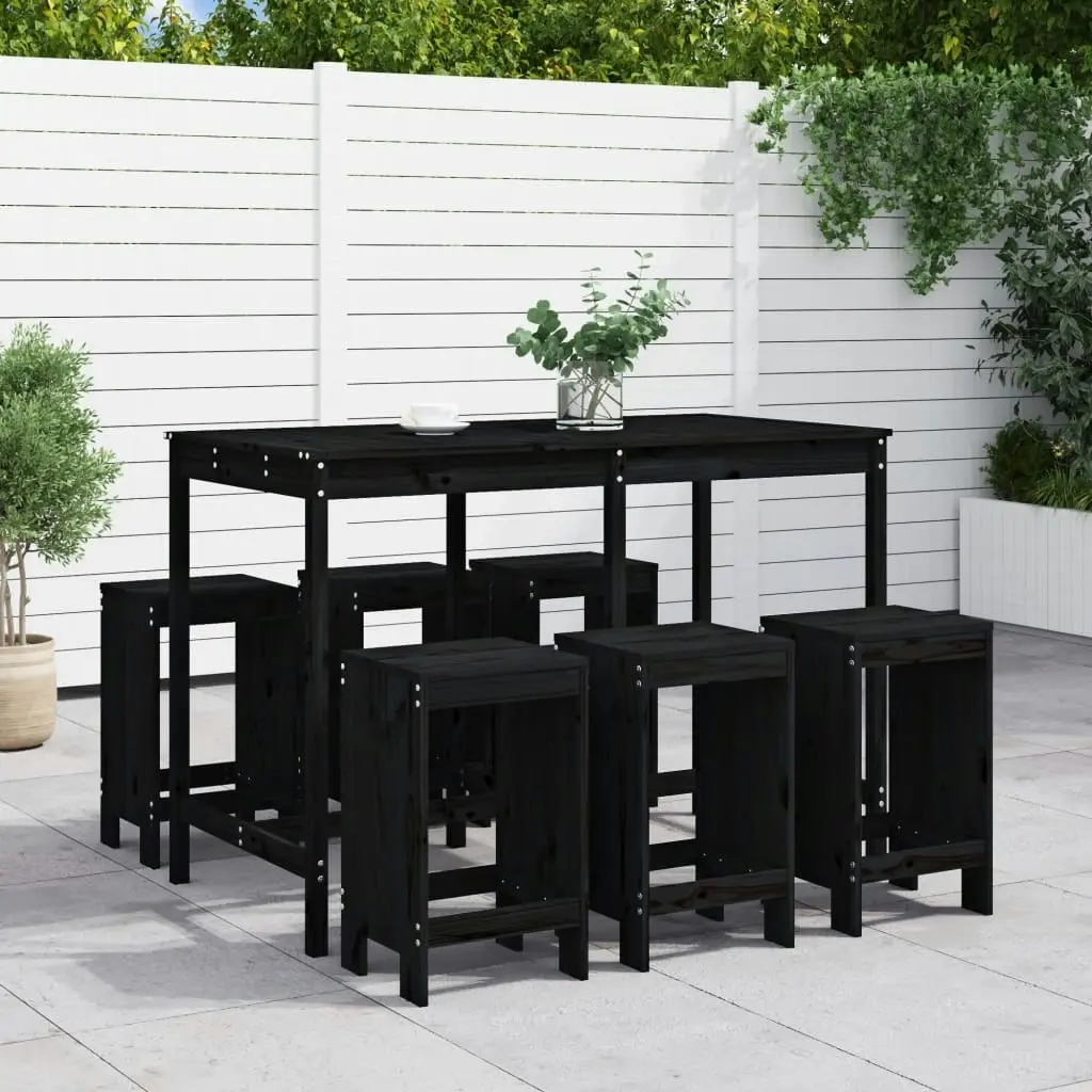 7 Piece Garden Bar Set Black Solid Wood Pine 3157755