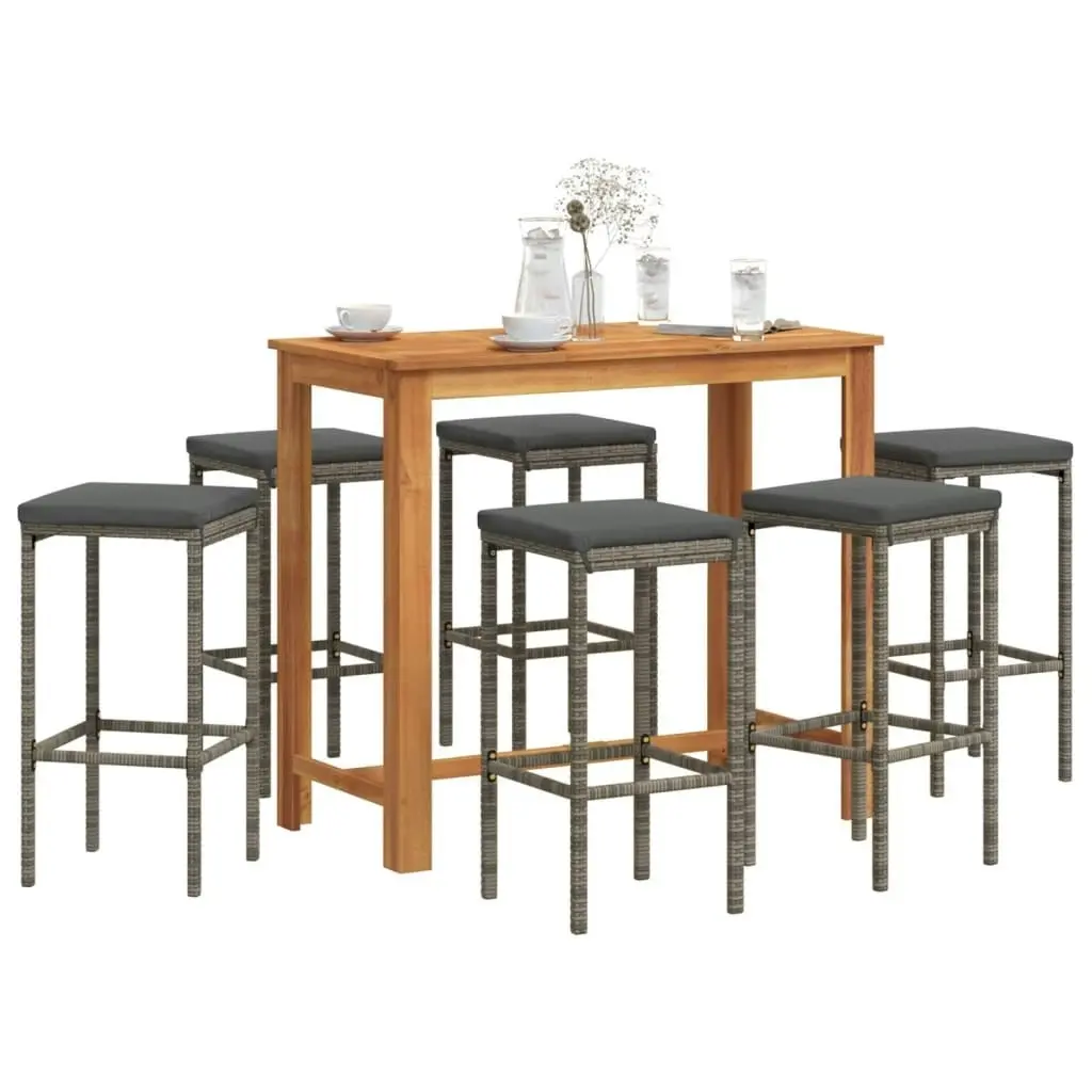 7 Piece Garden Bar Set Grey Solid Wood Acacia and Poly Rattan 3295287