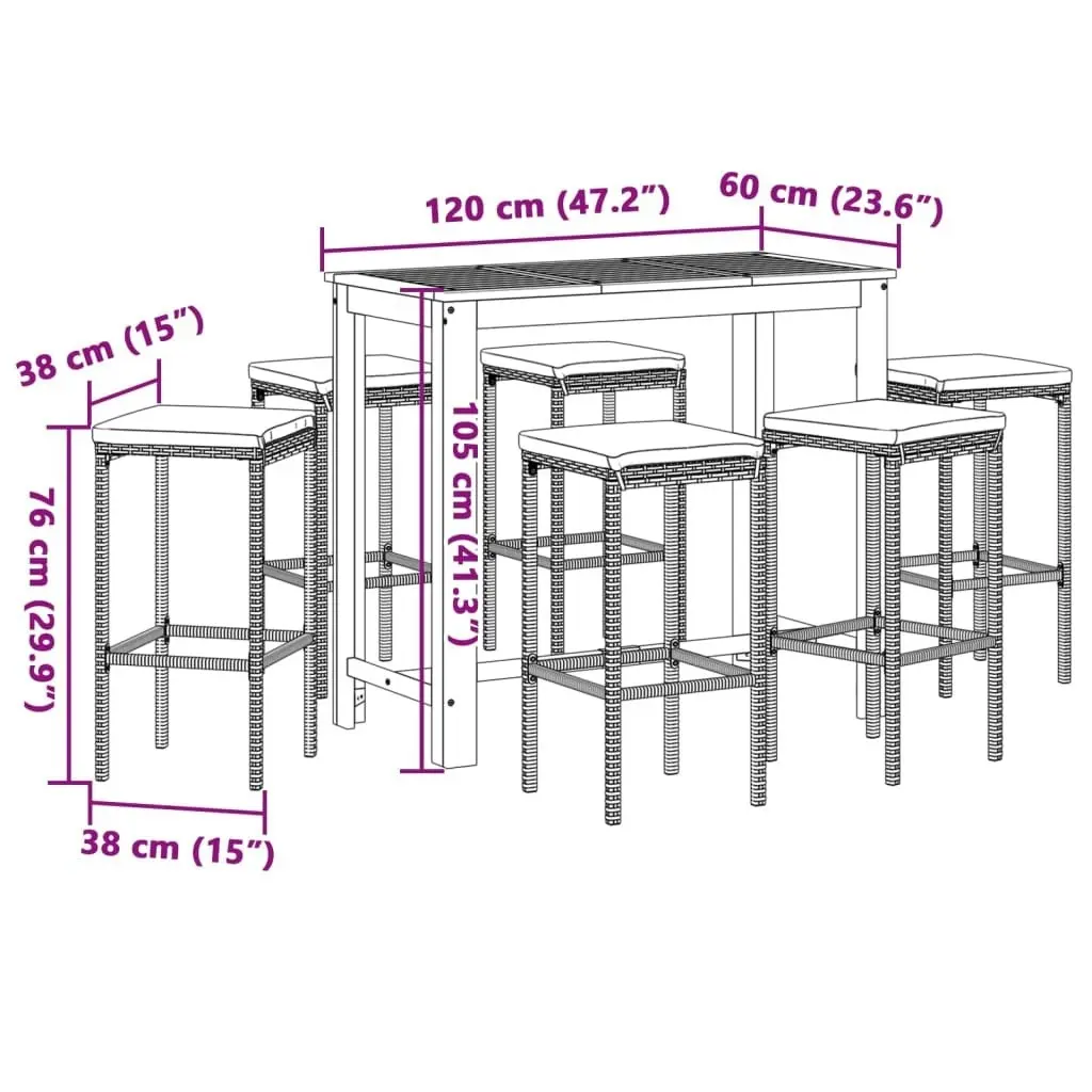 7 Piece Garden Bar Set Grey Solid Wood Acacia and Poly Rattan 3295287