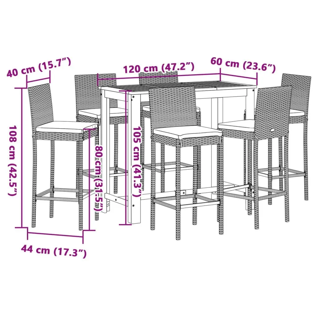 7 Piece Garden Bar Set Grey Solid Wood Acacia and Poly Rattan 3295281