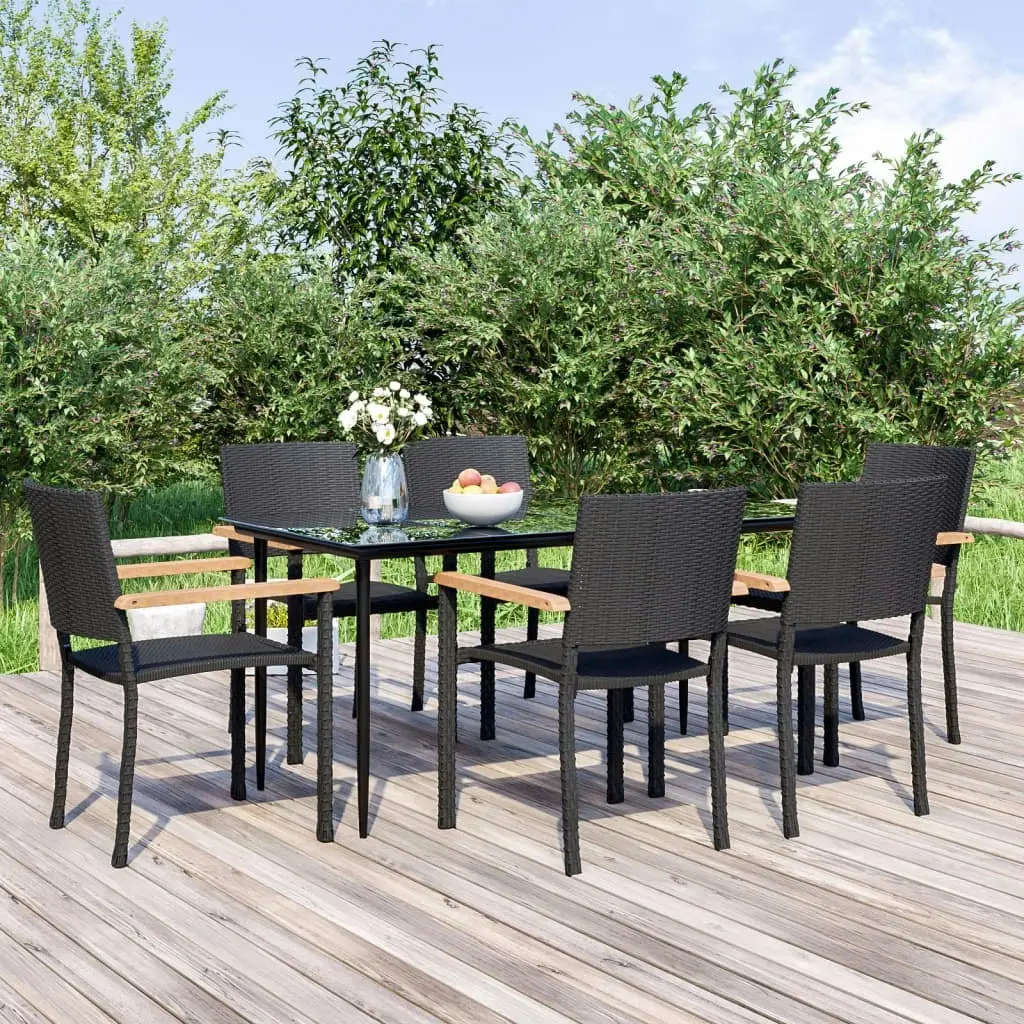 7 Piece Garden Dining Set Black Poly Rattan 3156685