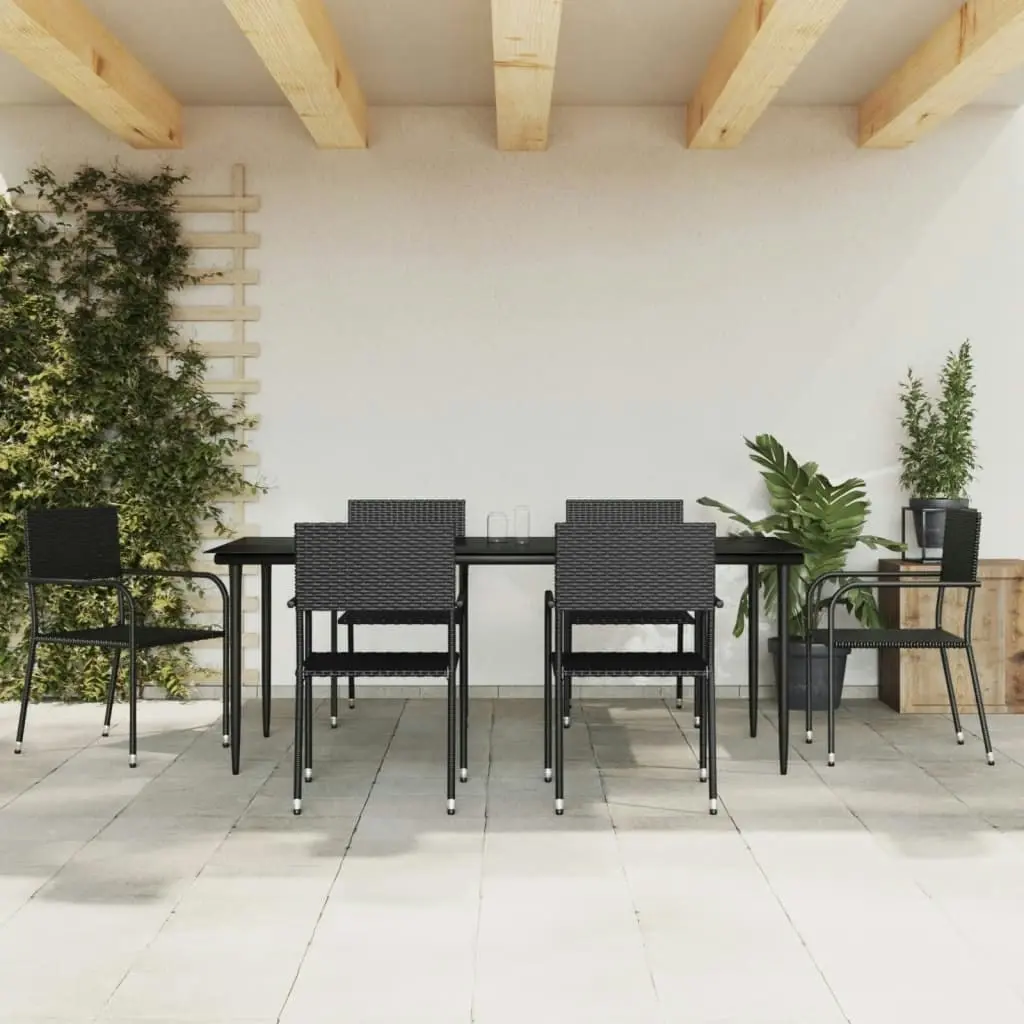 7 Piece Garden Dining Set Black Poly Rattan and Steel 3203278